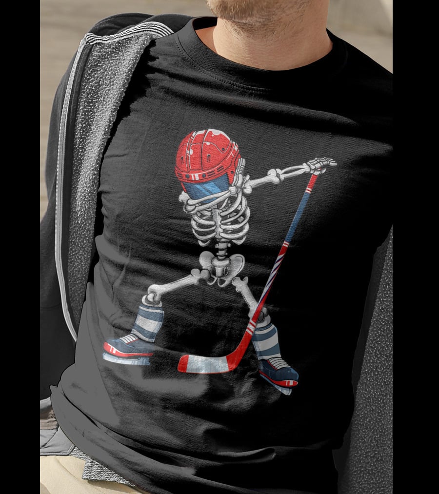 Dabbing Skeleton Ice Hockey Player Helmet And Stick T-Shirt
