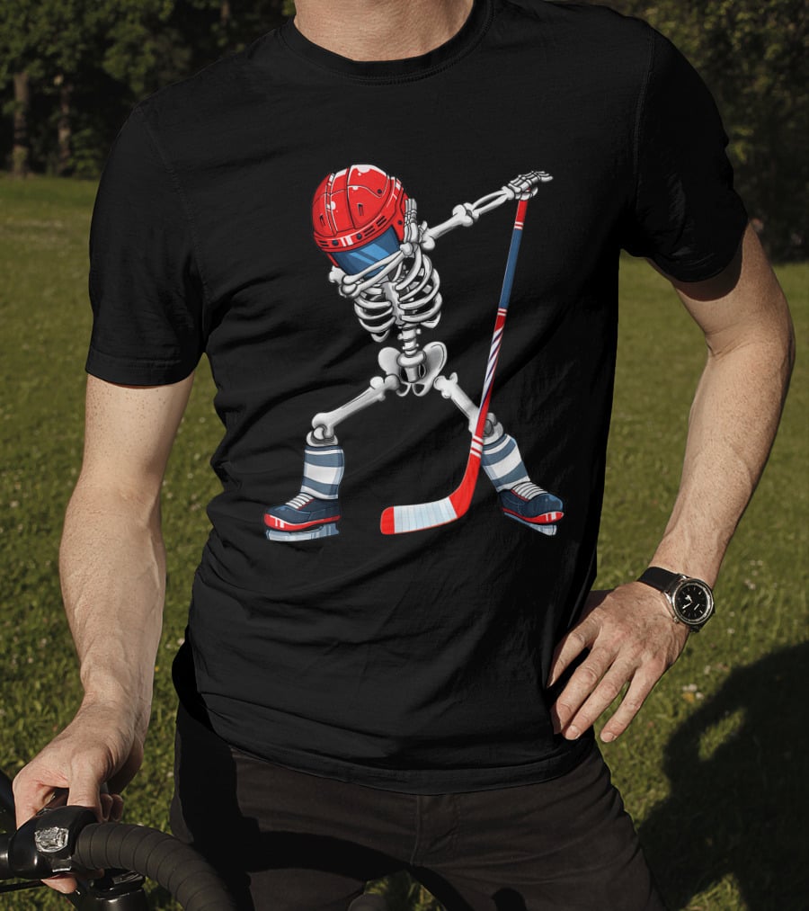 Dabbing Skeleton Ice Hockey Player Helmet And Stick T-Shirt