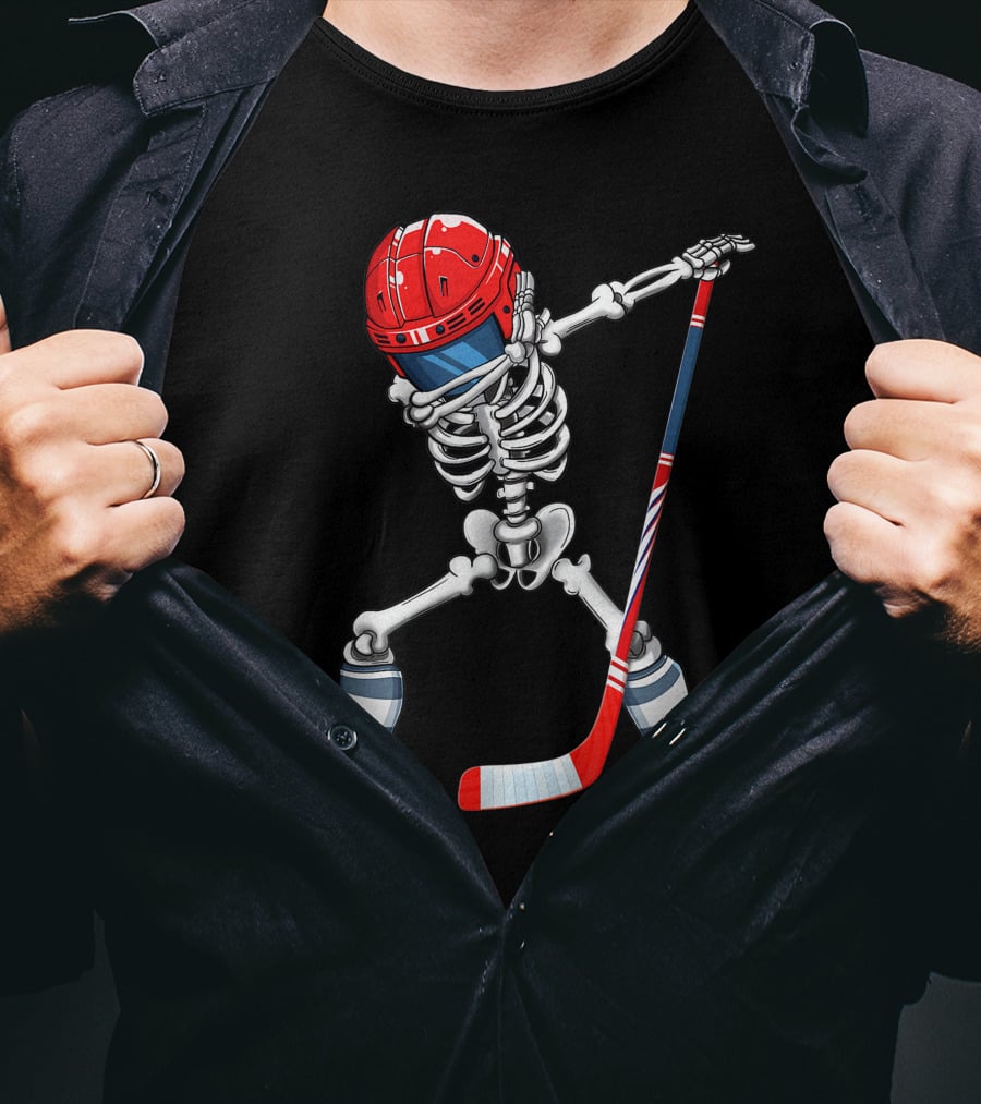 Dabbing Skeleton Ice Hockey Player Helmet And Stick T-Shirt