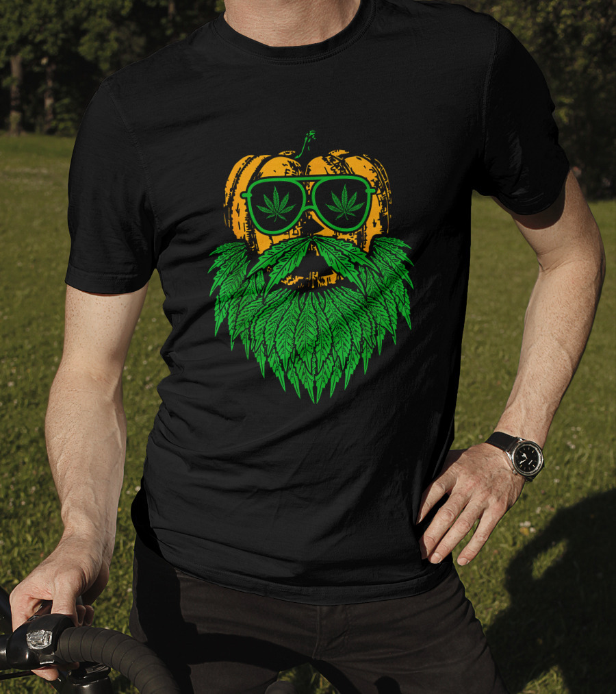Weed Leaf Bearded Pumpkin With Sunglasses Costume Cool T-Shirt