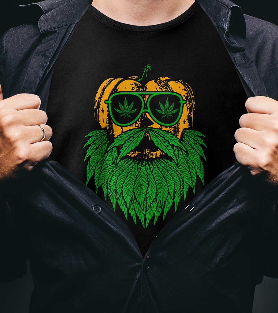 Weed Leaf Bearded Pumpkin With Sunglasses Costume Cool T-Shirt