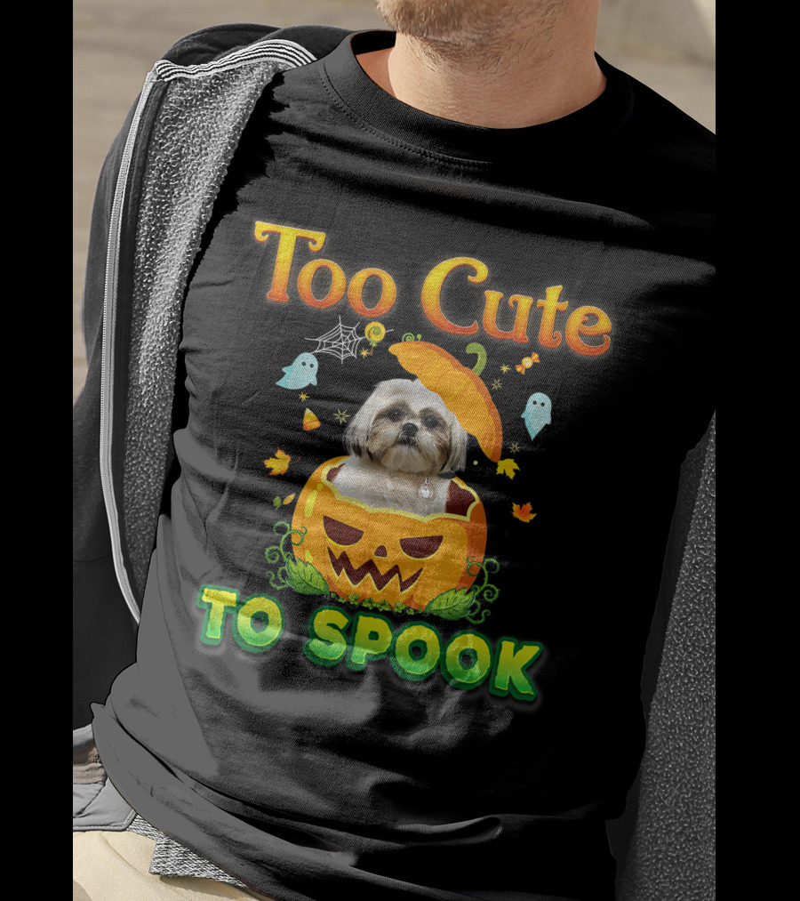 Too Cute To Spook Shih Tzu Dog In Pumpkin Halloween Ghost Leaves T-Shirt