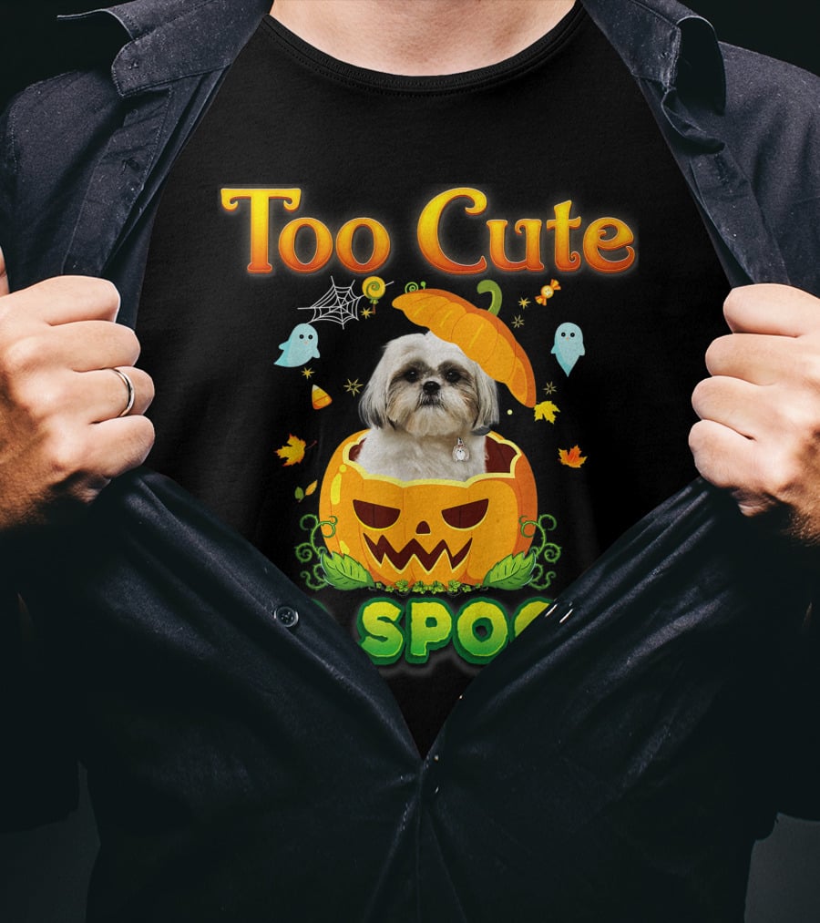 Too Cute To Spook Shih Tzu Dog In Pumpkin Halloween Ghost Leaves T-Shirt