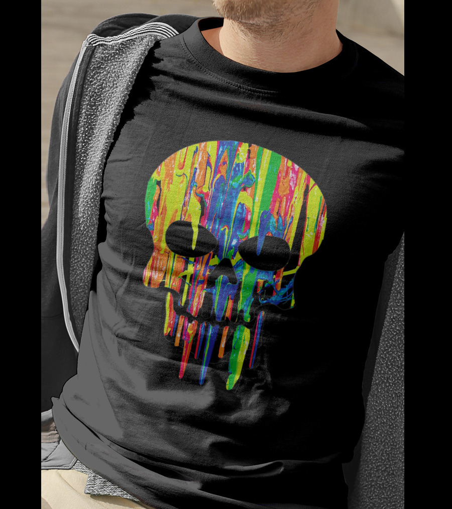 Colorful Melting Skull Cool Neon Drip Skull T-Shirt