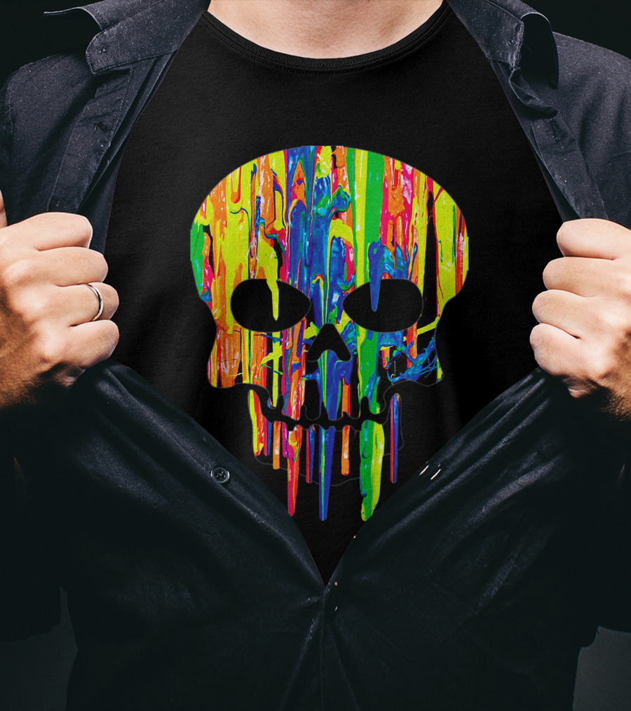 Colorful Melting Skull Cool Neon Drip Skull T-Shirt