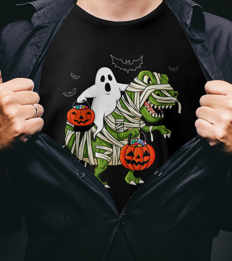 Ghost And Mummy T-Rex Halloween Candy Adventure T-Shirt