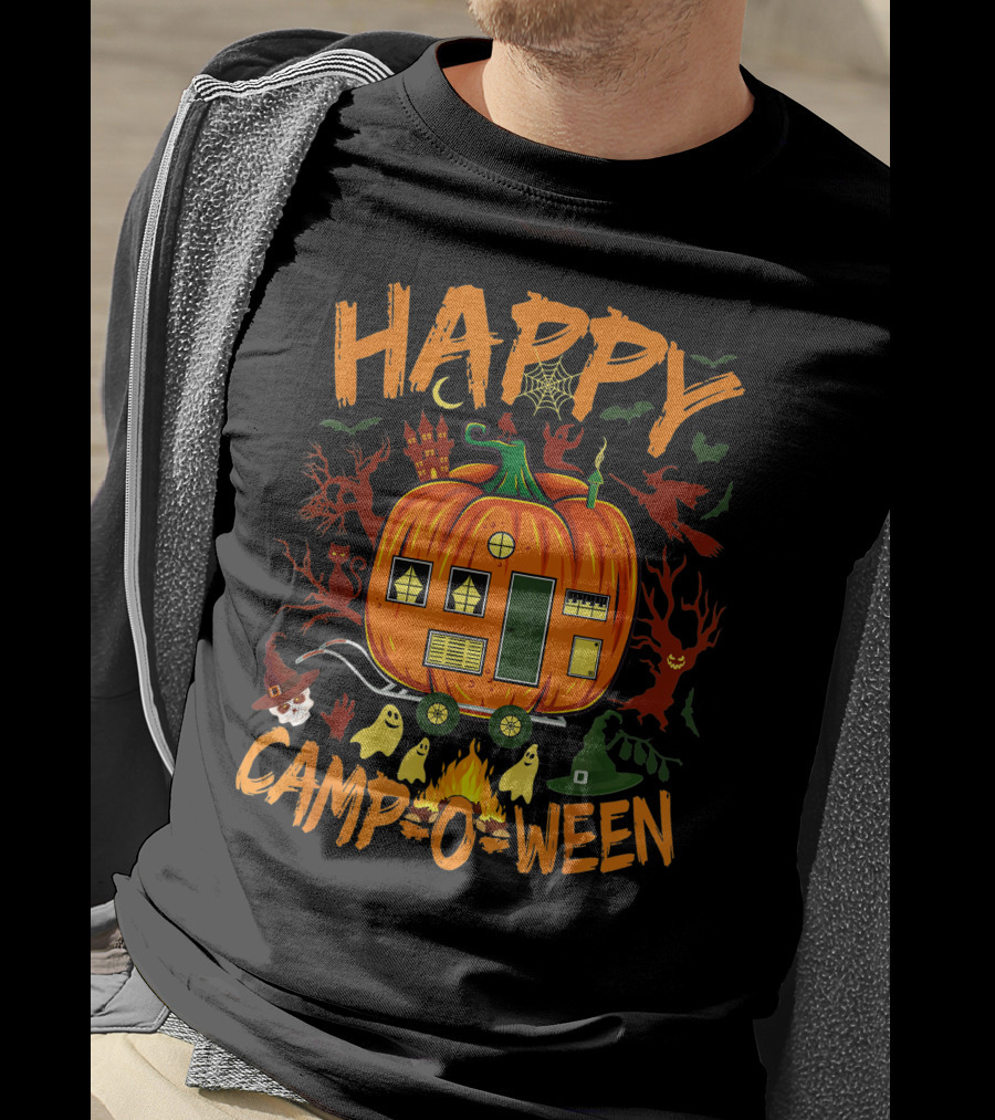 Happy Camp O Ween Funny Halloween Camping Camper Pumpkin Ghosts Witch Hat Spooky Fire T-Shirt