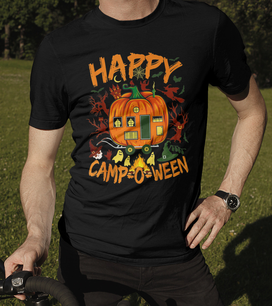 Happy Camp O Ween Funny Halloween Camping Camper Pumpkin Ghosts Witch Hat Spooky Fire T-Shirt