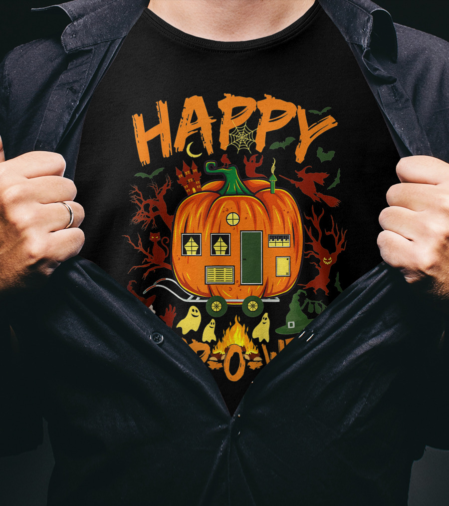 Happy Camp O Ween Funny Halloween Camping Camper Pumpkin Ghosts Witch Hat Spooky Fire T-Shirt