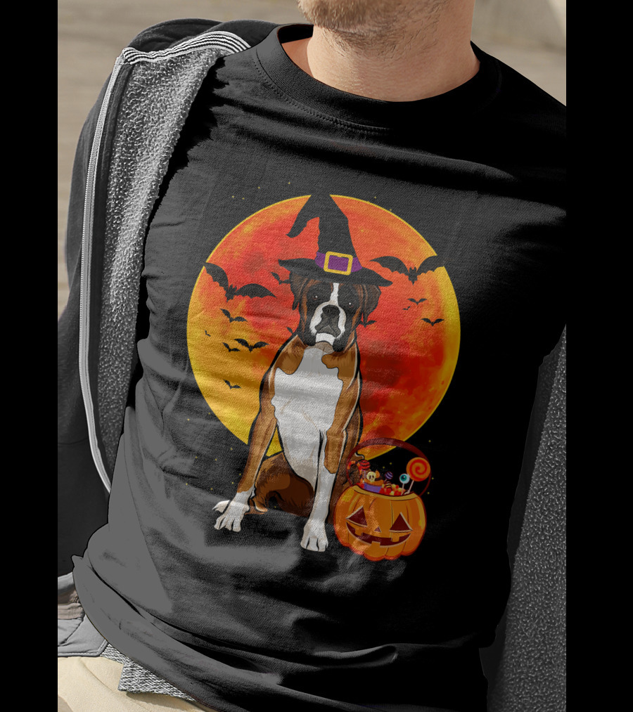 Boxer Dog With Witch Hat Pumpkin Full Moon Halloween Bats T-Shirt