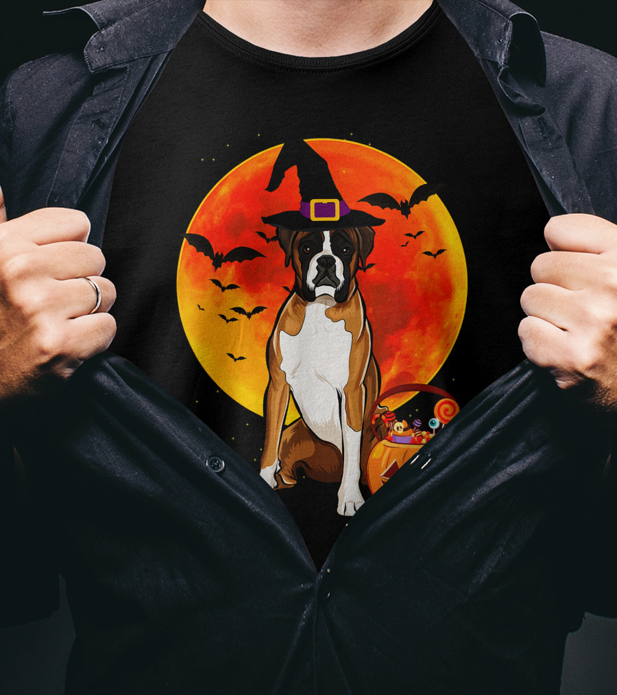 Boxer Dog With Witch Hat Pumpkin Full Moon Halloween Bats T-Shirt
