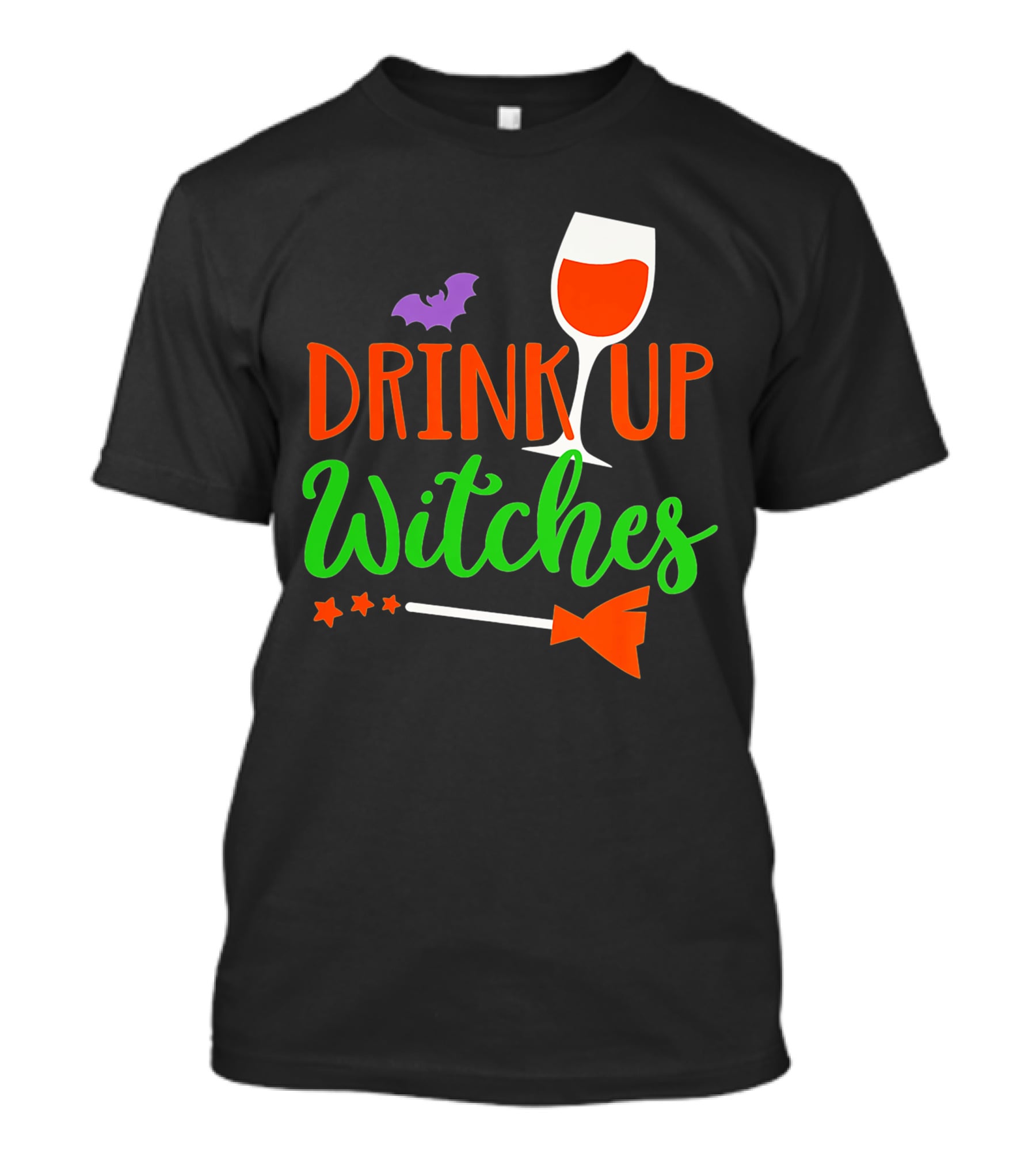 Drink Up Witches Halloween Vintage Family Wine Glass Broomstick Bat T-Shirt