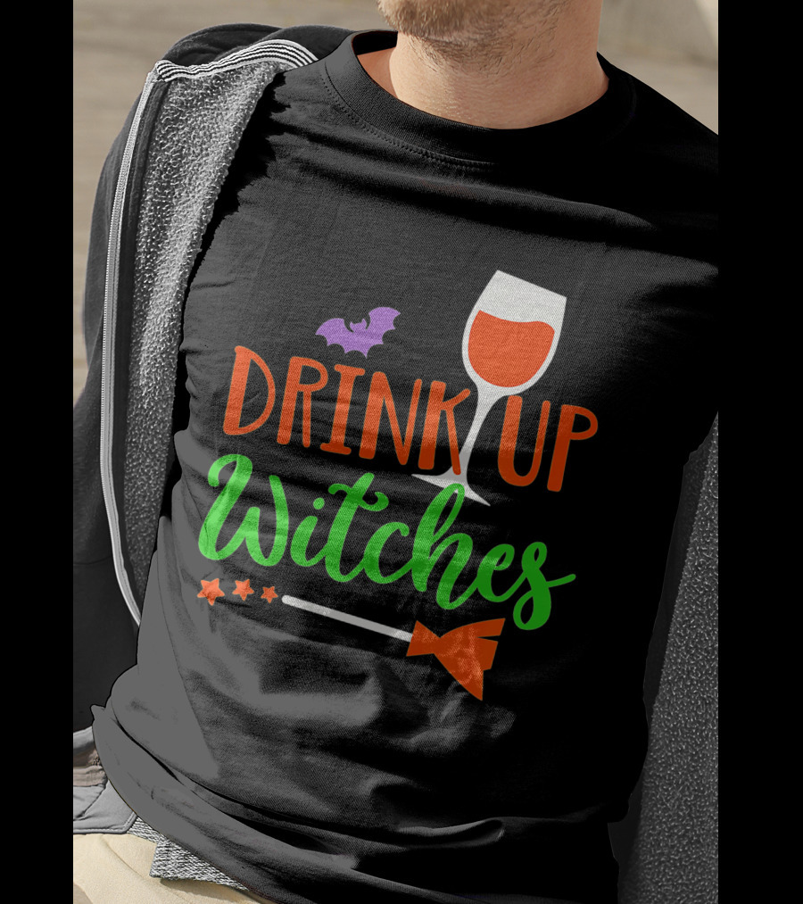 Drink Up Witches Halloween Vintage Family Wine Glass Broomstick Bat T-Shirt
