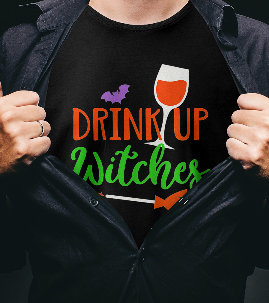 Drink Up Witches Halloween Vintage Family Wine Glass Broomstick Bat T-Shirt