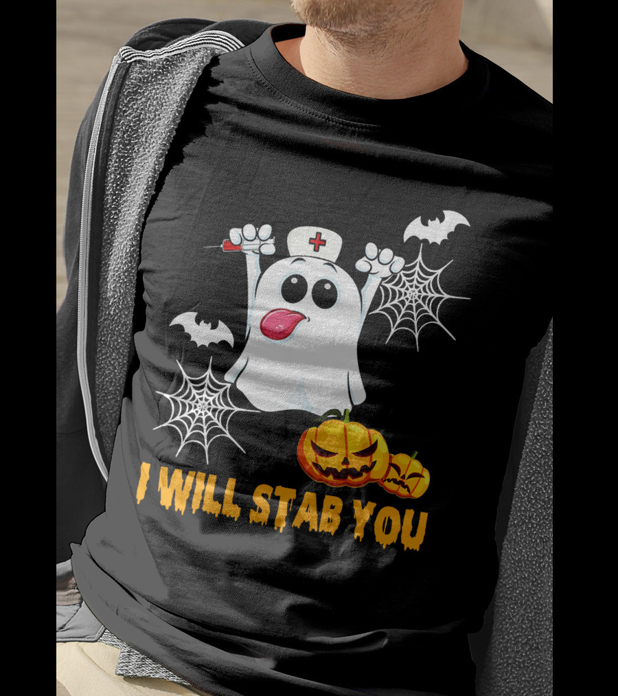 I Will Stab You Funny Nurse Ghost With Pumpkins And Bats T-Shirt