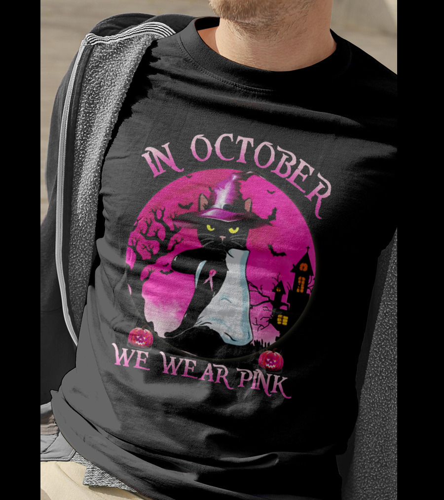 In October We Wear Pink Cat Halloween Pink Ribbon Moon Bats Jack O'Lanterns T-Shirt
