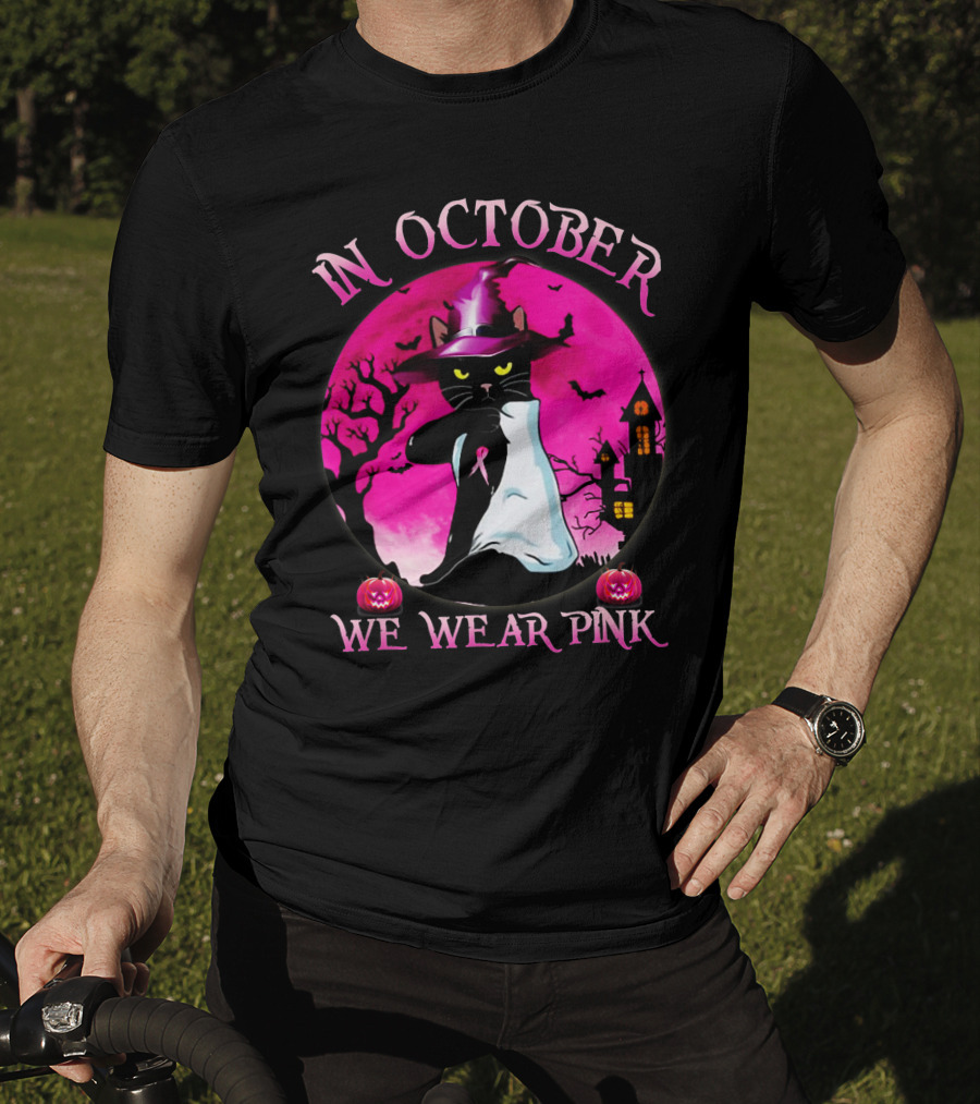 In October We Wear Pink Cat Halloween Pink Ribbon Moon Bats Jack O'Lanterns T-Shirt