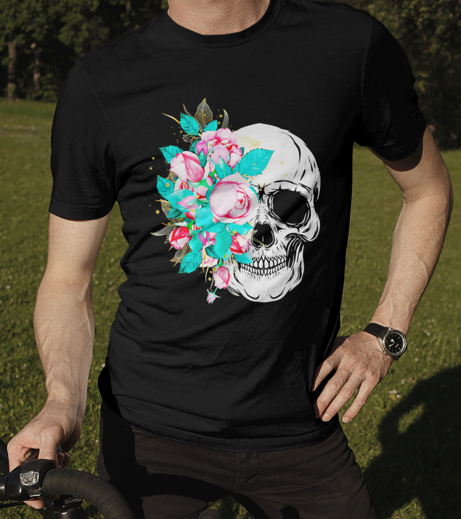Flower Skull Floral Fusion With Vintage Rose Elements T-Shirt