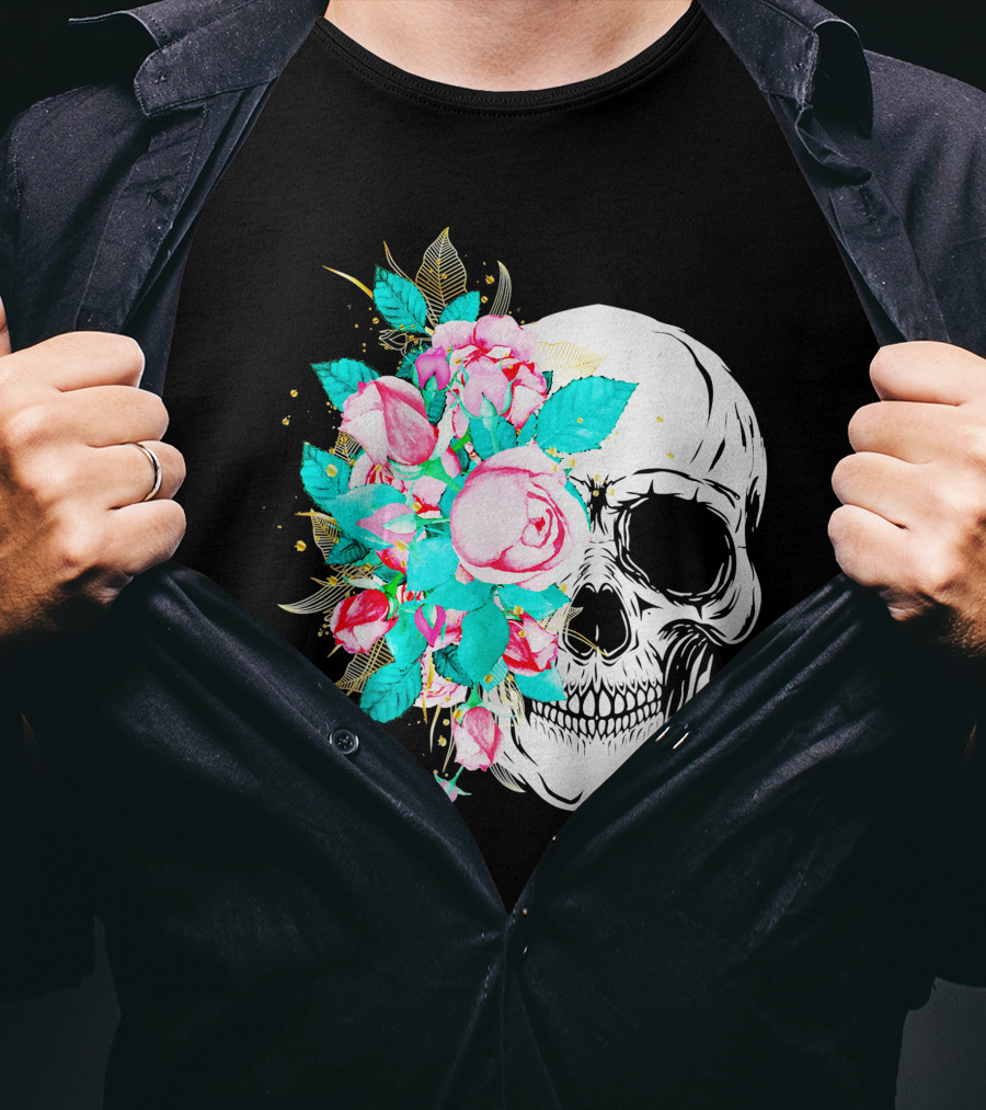 Flower Skull Floral Fusion With Vintage Rose Elements T-Shirt