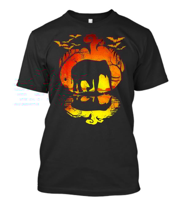 Elephant Silhouette Pumpkin Reflection With Bats And Trees T-Shirt