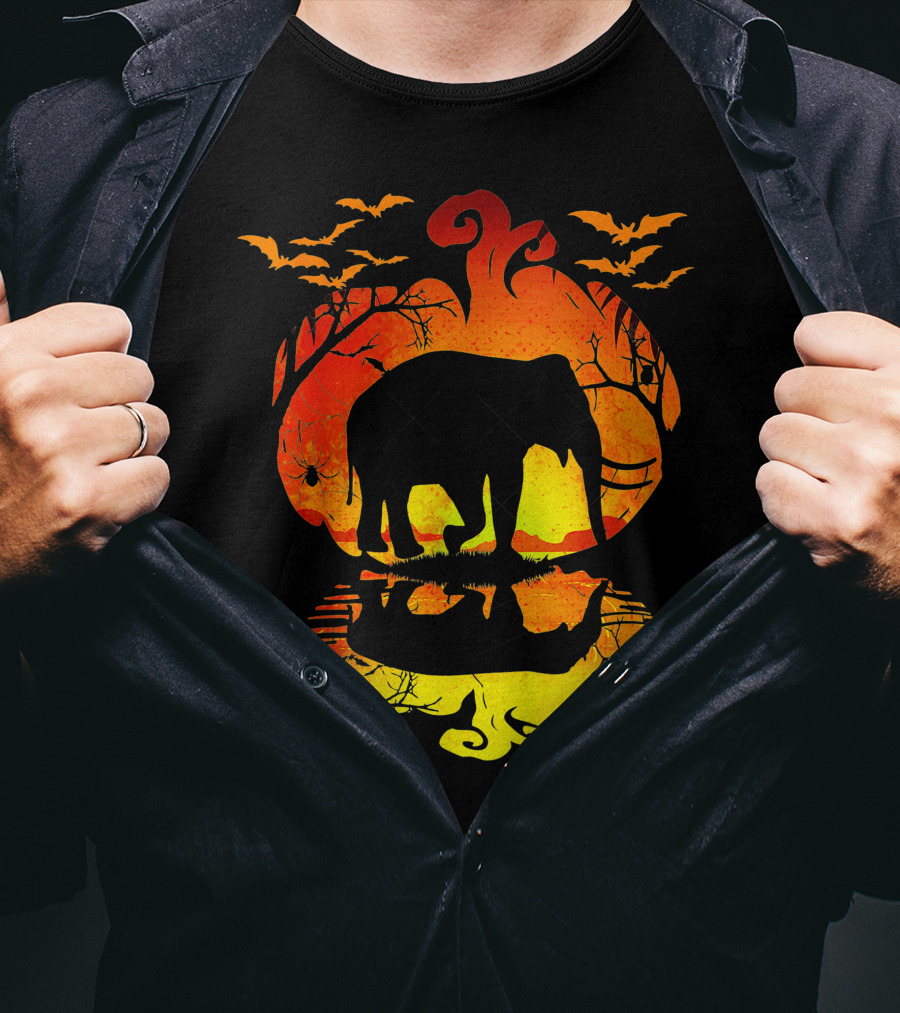 Elephant Silhouette Pumpkin Reflection With Bats And Trees T-Shirt
