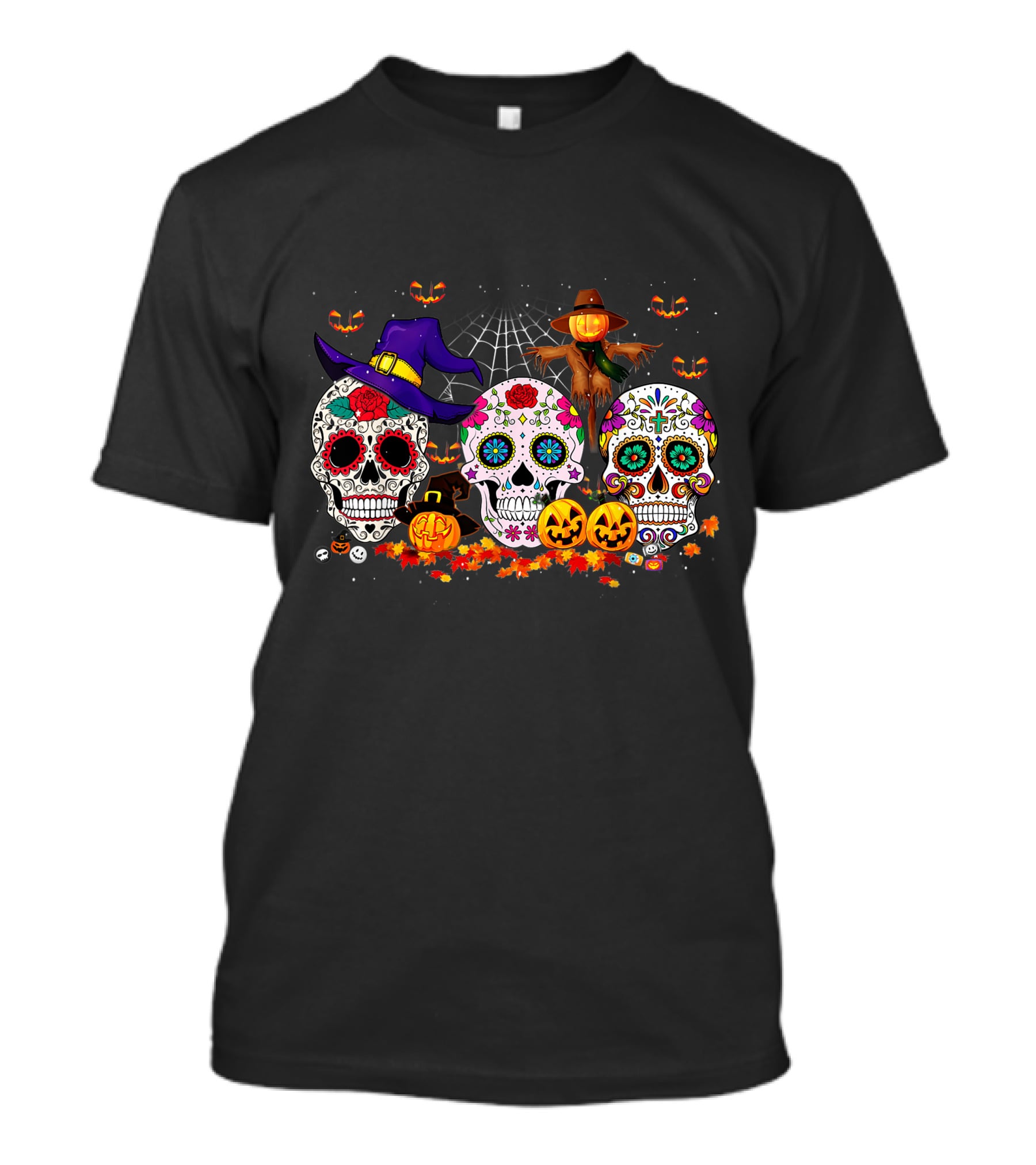 Sugar Skull Halloween Pumpkins And Scarecrow Scene T-Shirt