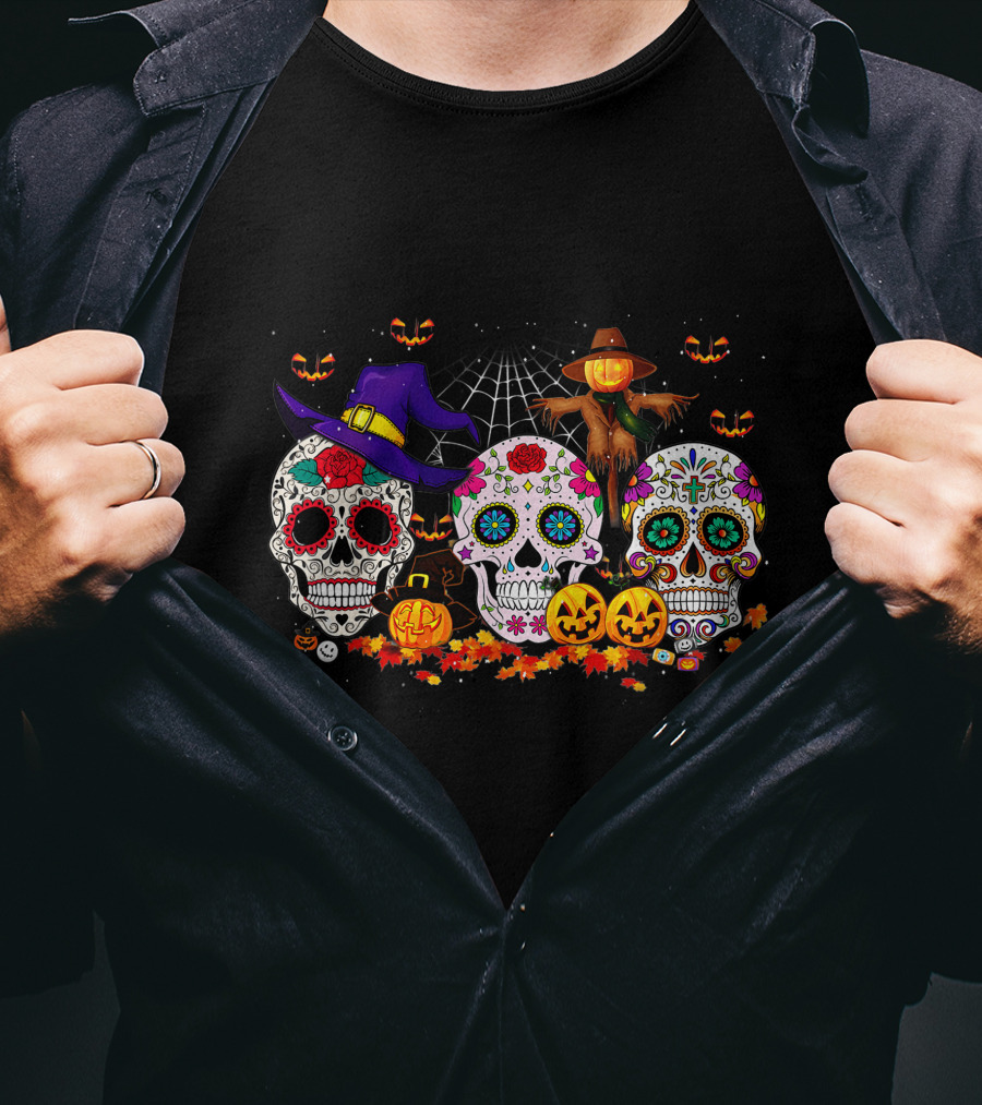 Sugar Skull Halloween Pumpkins And Scarecrow Scene T-Shirt