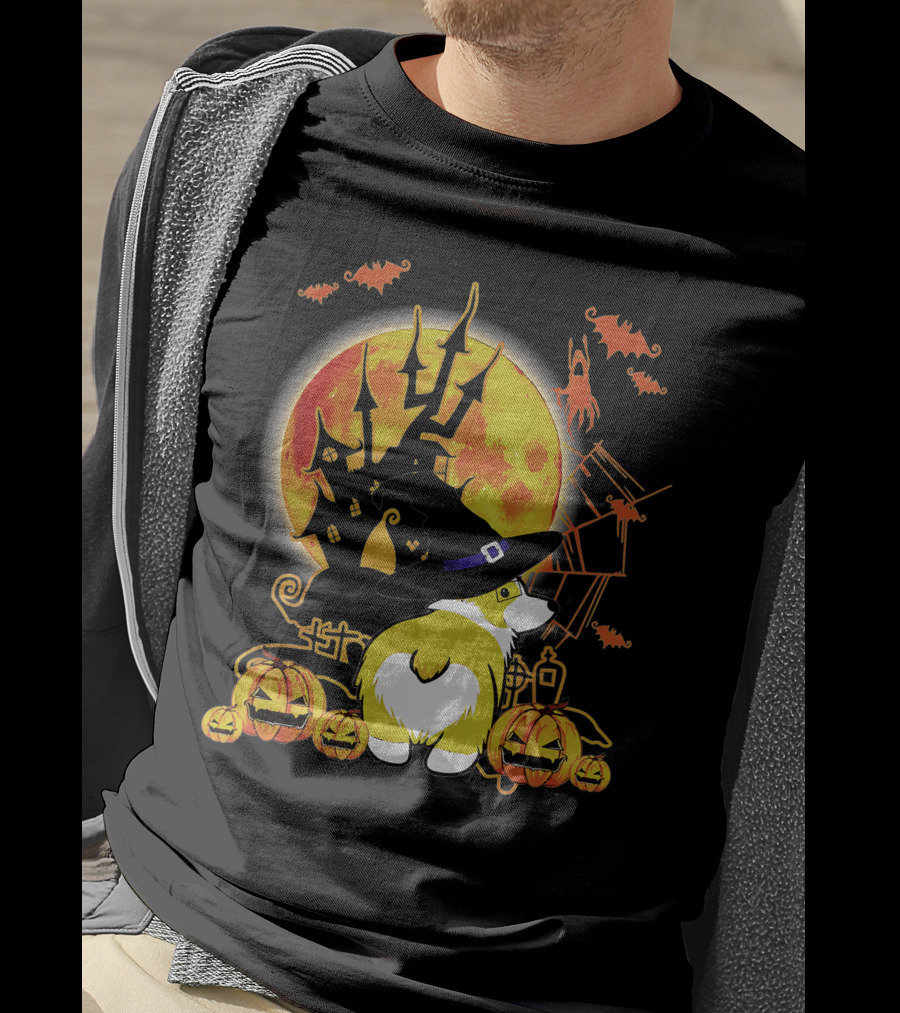 Corgi Dog Lovers Funny Dog Halloween Witch Moon Pumpkins Haunted House Bats T-Shirt