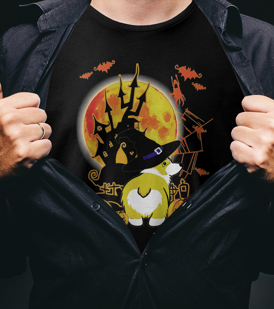 Corgi Dog Lovers Funny Dog Halloween Witch Moon Pumpkins Haunted House Bats T-Shirt