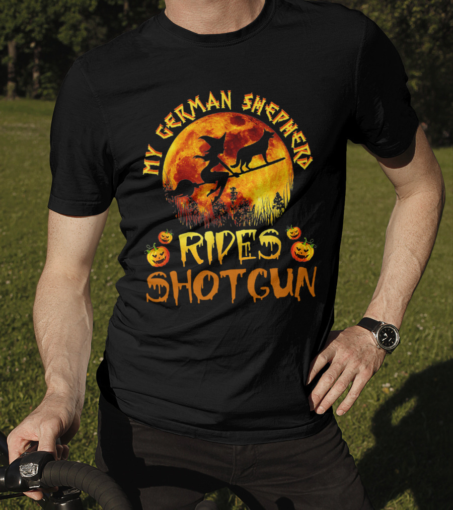 My German Shepherd Rides Shotgun Witch Halloween Pumpkins Moon T-Shirt