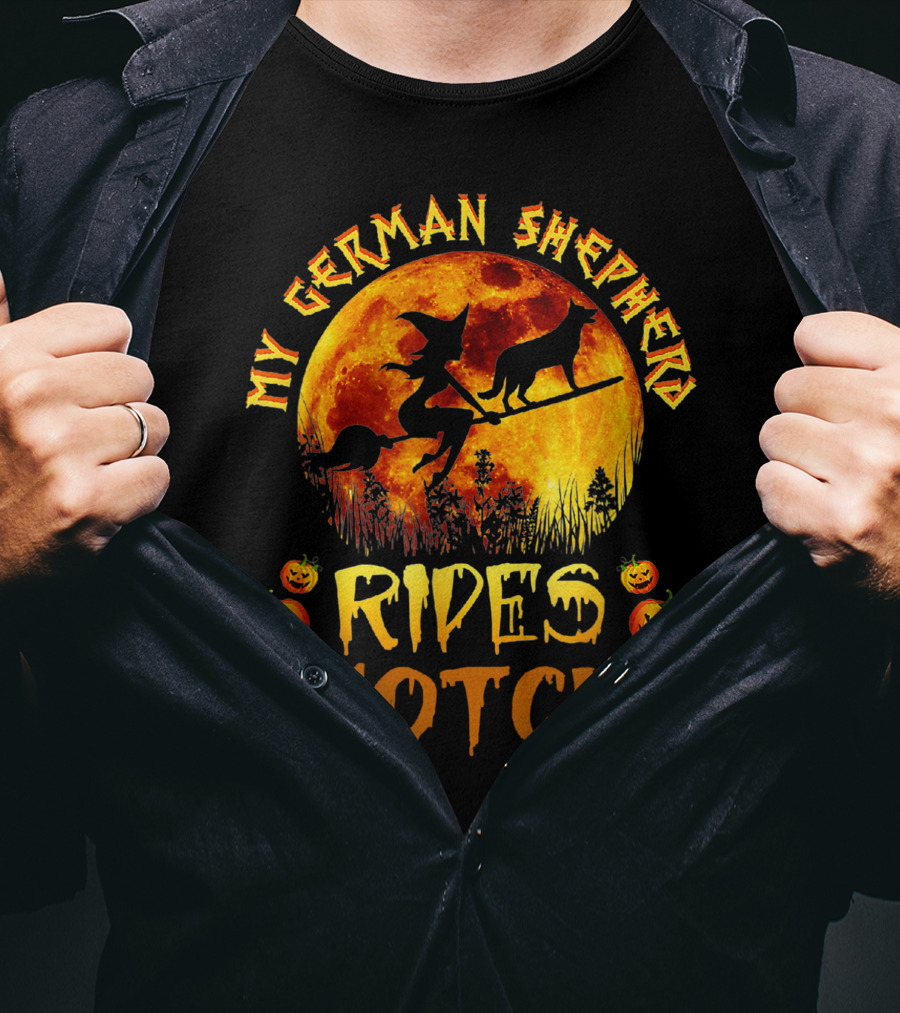 My German Shepherd Rides Shotgun Witch Halloween Pumpkins Moon T-Shirt