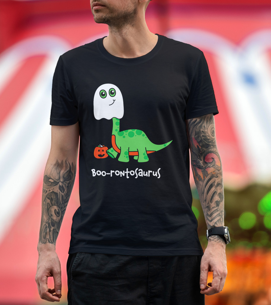 Boo-rontosaurus Ghost Dinosaur With Pumpkin Halloween Cute Funny Brontosaurus T-Shirt
