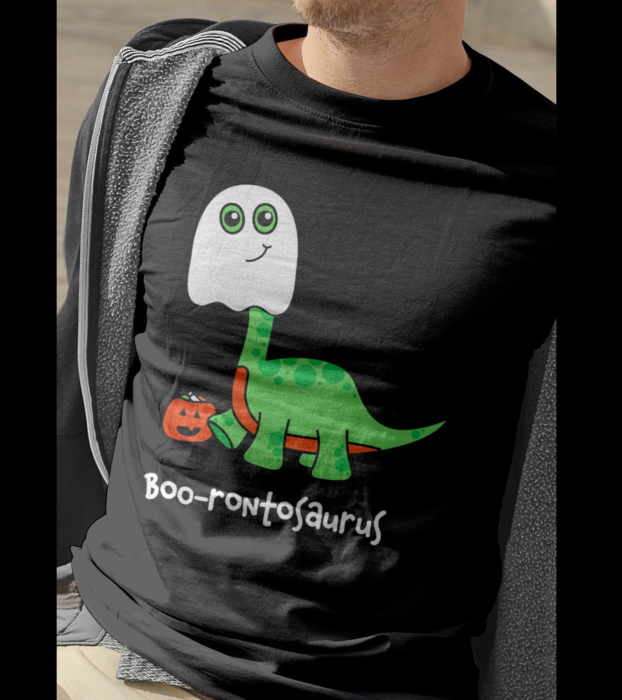 Boo-rontosaurus Ghost Dinosaur With Pumpkin Halloween Cute Funny Brontosaurus T-Shirt
