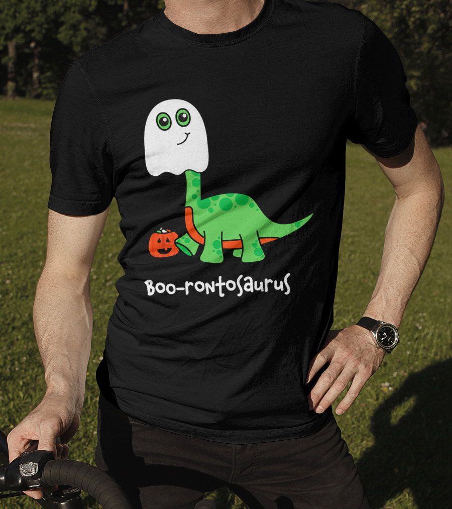 Boo-rontosaurus Ghost Dinosaur With Pumpkin Halloween Cute Funny Brontosaurus T-Shirt