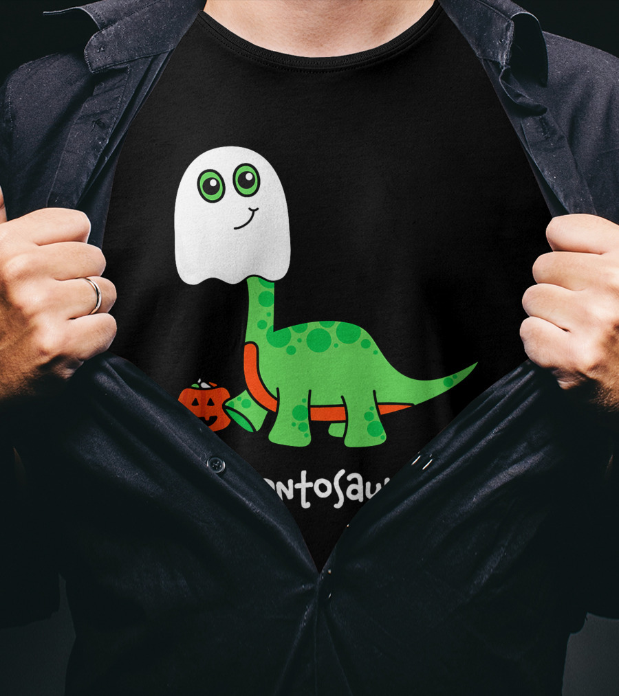 Boo-rontosaurus Ghost Dinosaur With Pumpkin Halloween Cute Funny Brontosaurus T-Shirt