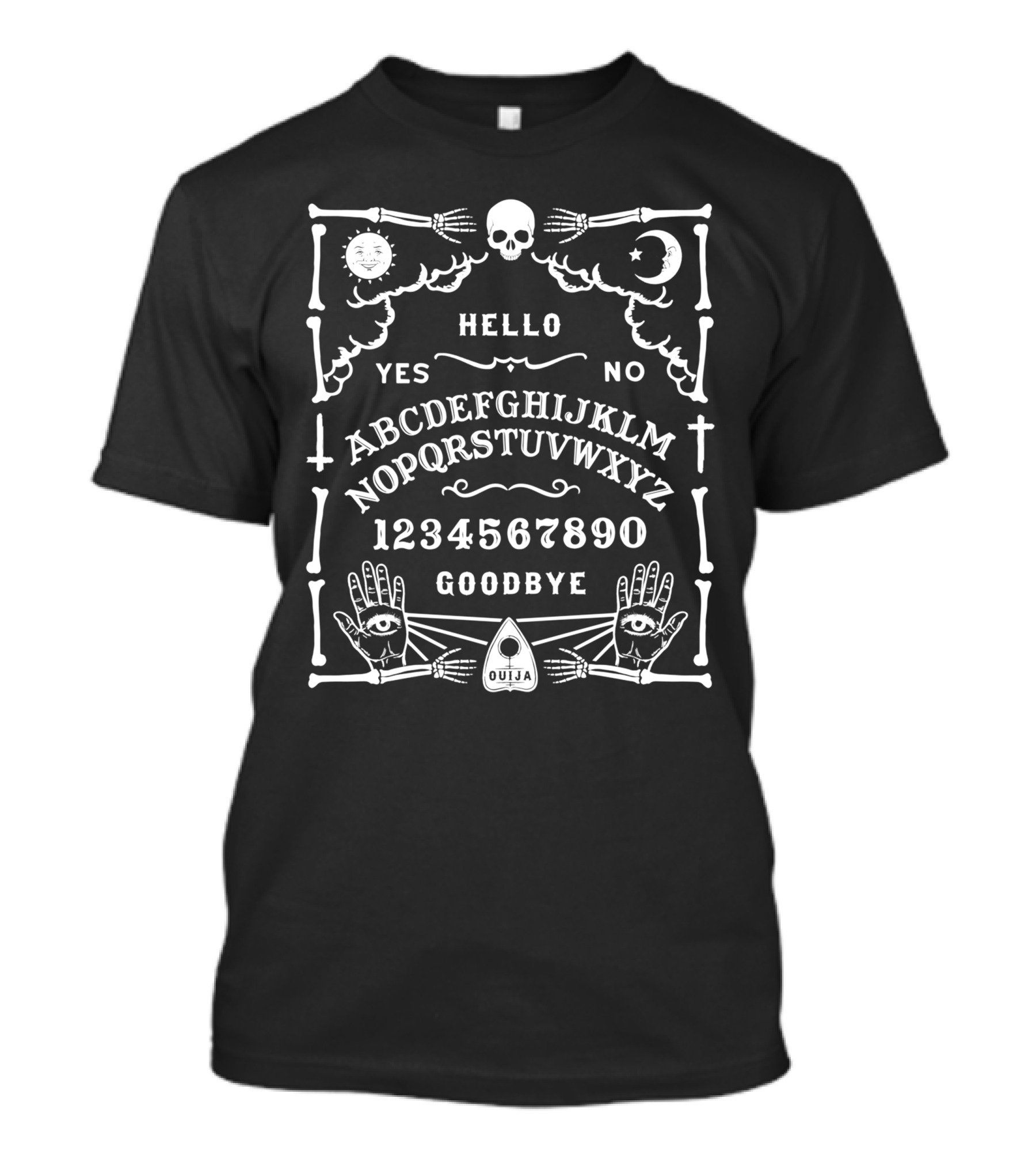 Hello Yes No Spirit Sun Moon Skull Skeleton Ouija Board Alphabet 1234567890 Goodbye Wiccan Witchcraft Occult T-Shirt