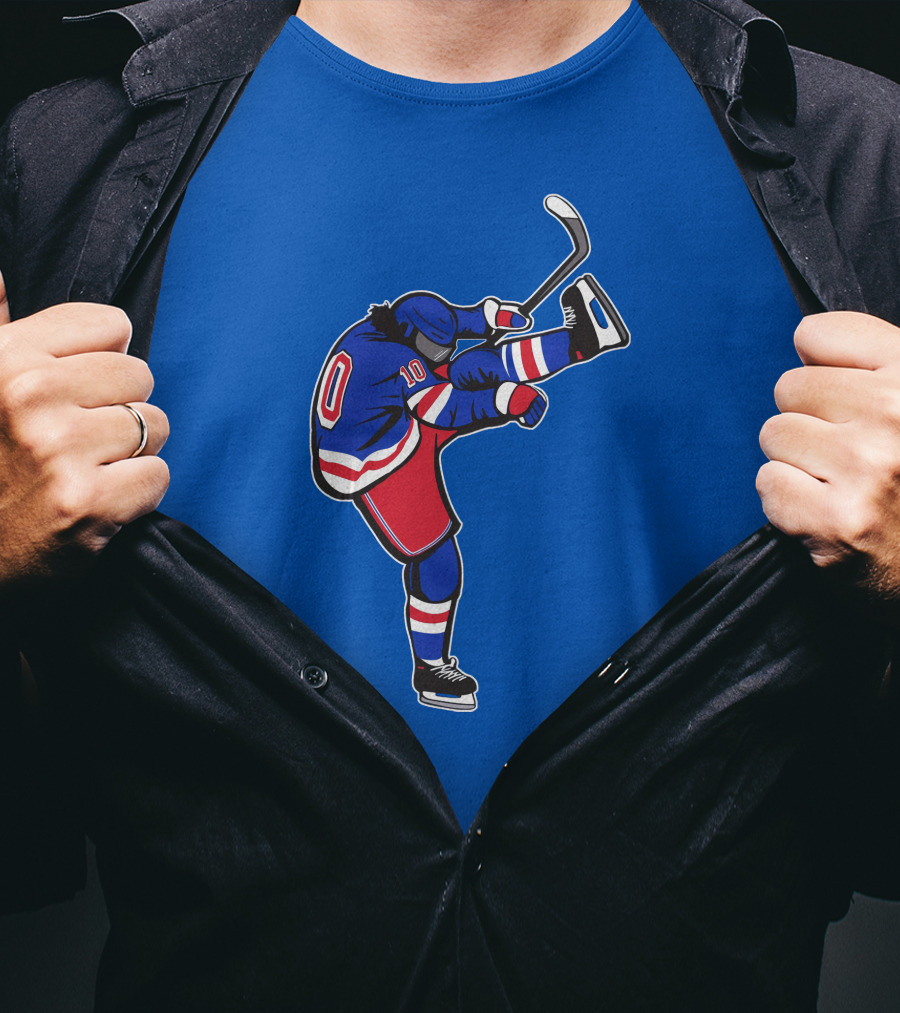 Xanh Bien Hockey Player Kicking Pose Blue Background T-Shirt