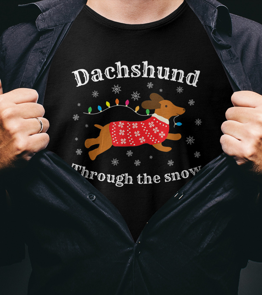 Dachshund Through The Snow Wearing A Festive Sweater With Christmas Lights And Snowflakes T-Shirt