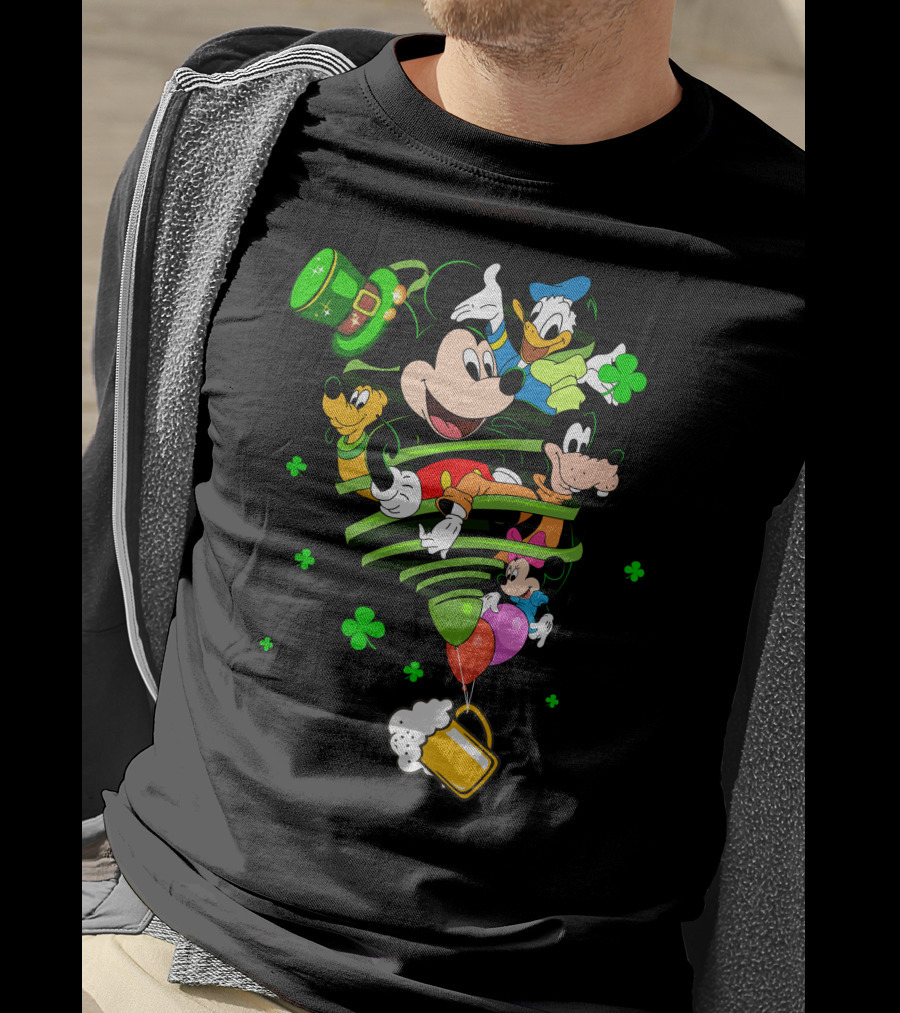 Mickey Mouse Donald Duck Goofy St. Patrick's Day Celebration With Shamrocks And Beer Mug T-Shirt