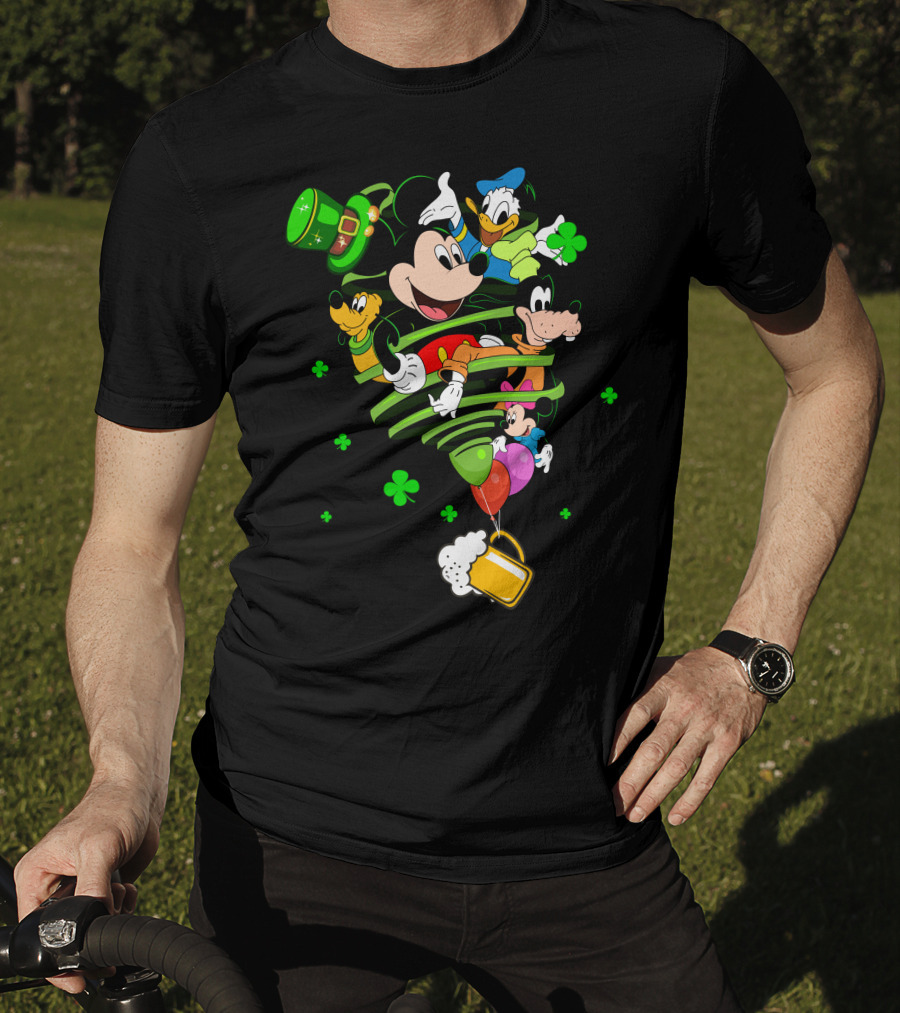 Mickey Mouse Donald Duck Goofy St. Patrick's Day Celebration With Shamrocks And Beer Mug T-Shirt