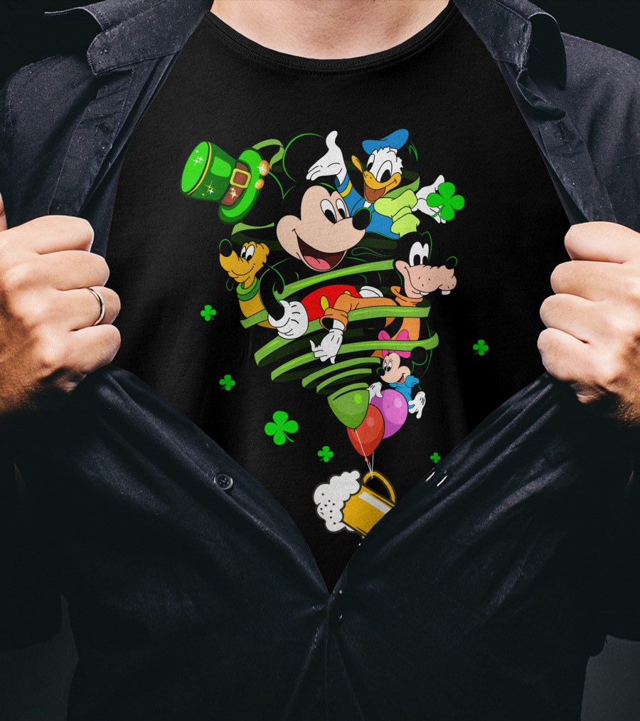 Mickey Mouse Donald Duck Goofy St. Patrick's Day Celebration With Shamrocks And Beer Mug T-Shirt