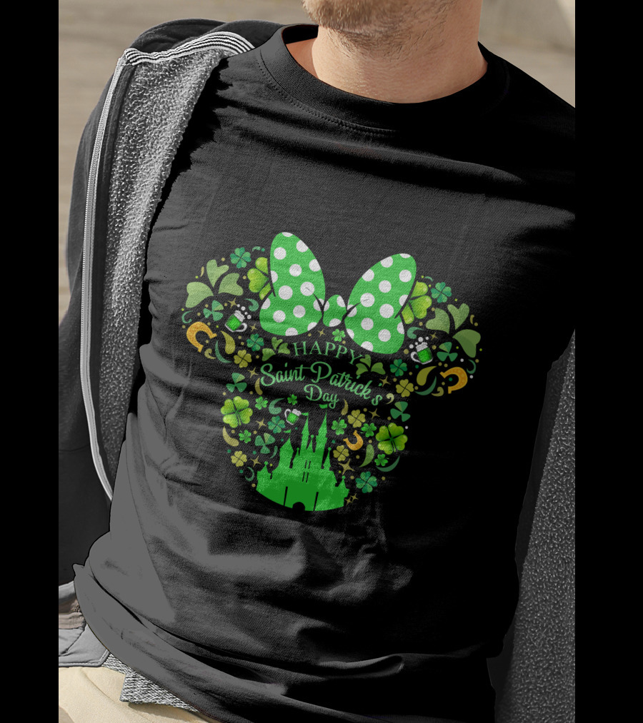 Happy Saint Patrick's Day Minnie Mouse Castle Clover Bow Beer T-Shirt
