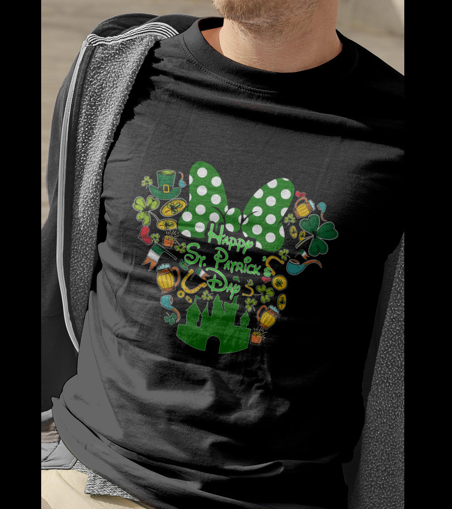 Happy St. Patrick's Day Green White Polka Dot Bow And Shamrocks T-Shirt