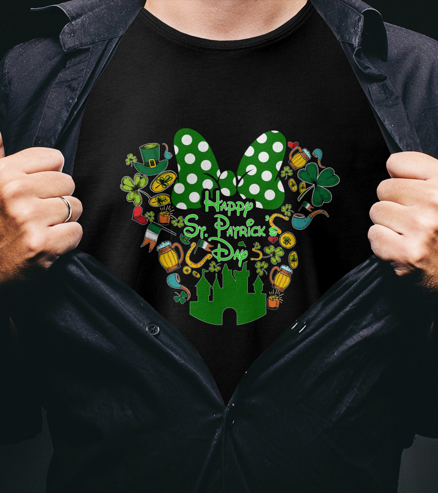 Happy St. Patrick's Day Green White Polka Dot Bow And Shamrocks T-Shirt