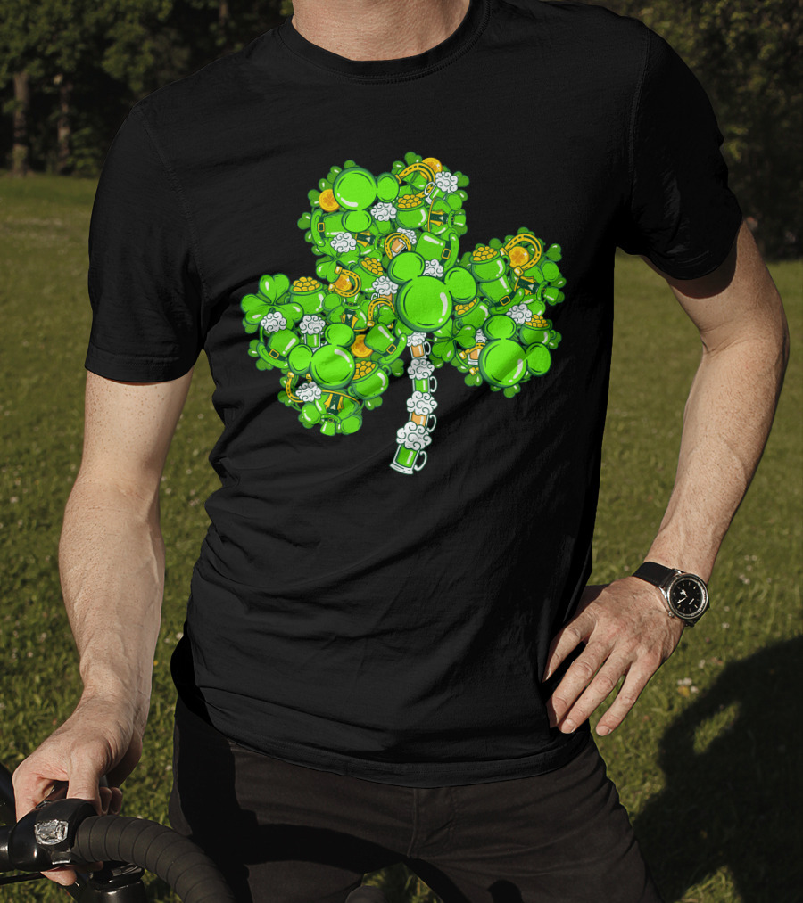Shamrock Mickey Mouse St. Patrick's Day Beer Mugs And Gold Coins T-Shirt