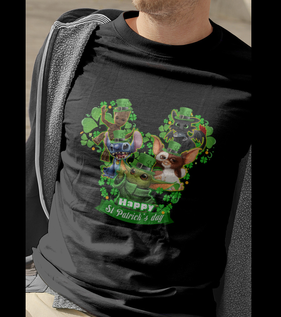 BBYD And Friends Happy St Patrick's Day Groot Gizmo Stitch Mandalorian Baby Yoda Toothless T-Shirt