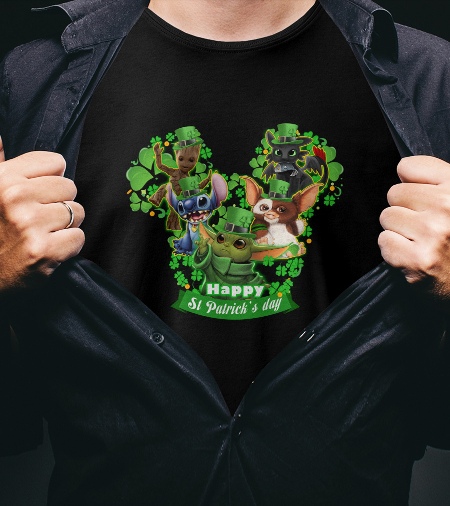 BBYD And Friends Happy St Patrick's Day Groot Gizmo Stitch Mandalorian Baby Yoda Toothless T-Shirt