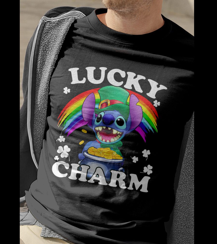 Lucky Charm Stitch Rainbow Gold Coins Shamrocks T-Shirt