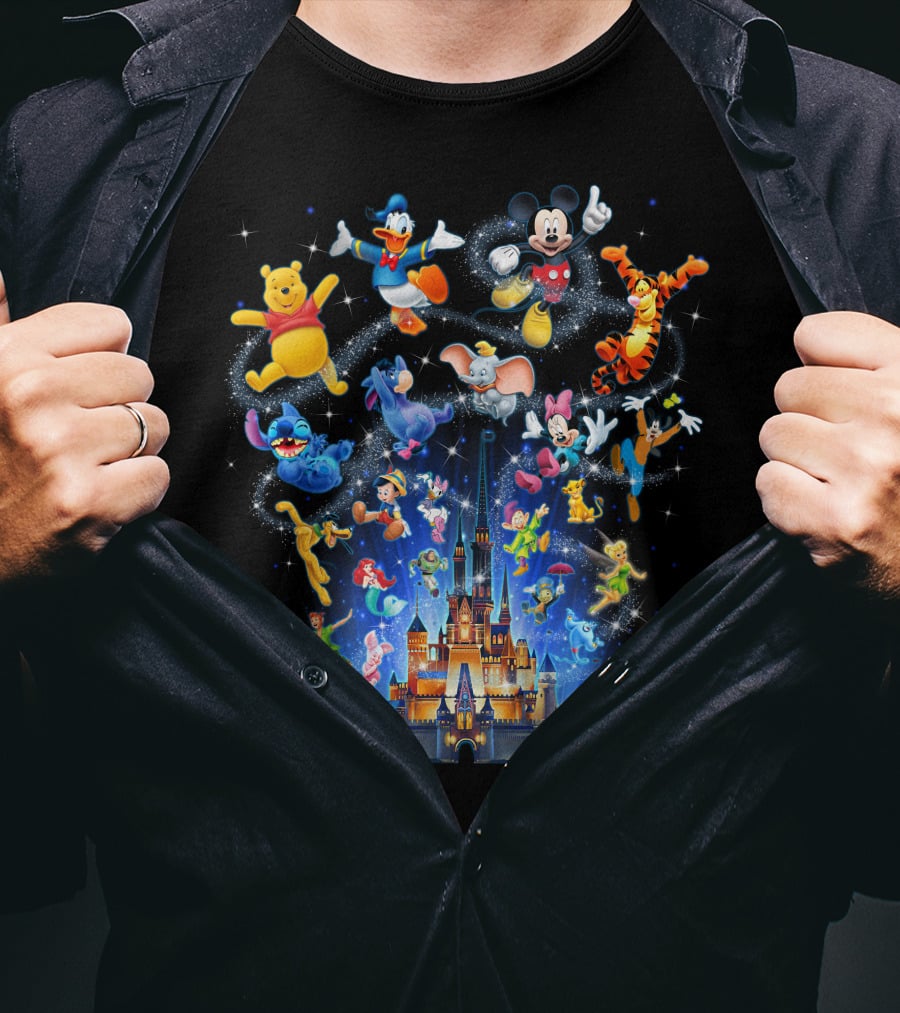 Disney Character Magic Celebration With Mickey, Donald, Pooh, Tigger, And Friends At Iconic Castle T-Shirt