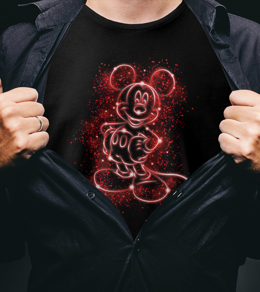 MK Light Neon Mickey Mouse Outline Red Sparkles T-Shirt